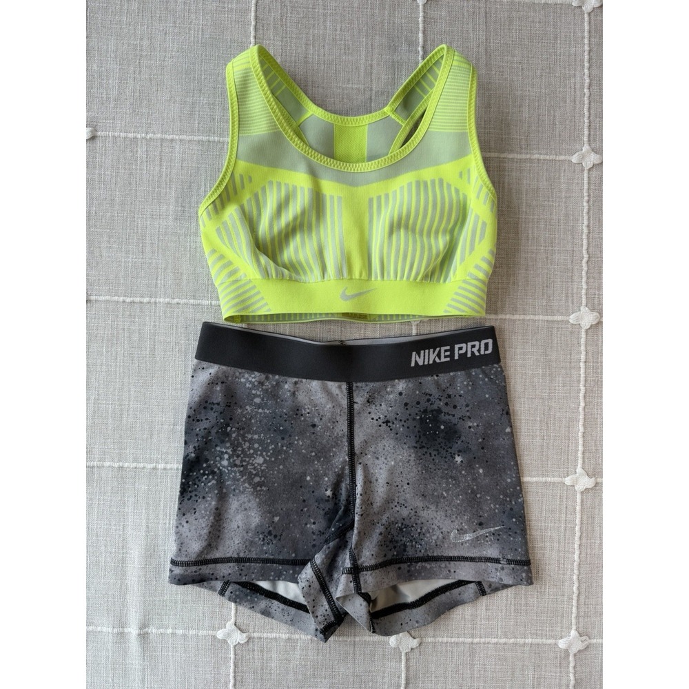 Nike Pro Set XS Sports Bra & Compression Shorts Women Neon Gray